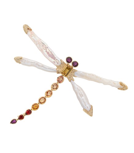 Lot 131 - Fei Liu - A pearl, ruby and sapphire dragonfly brooch