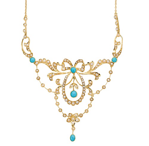 Lot 91 - A split pearl and turquoise centrepiece necklace