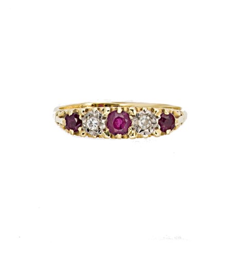 Lot 149 - An 18ct gold ruby and diamond carved half hoop style ring