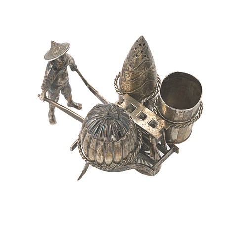 Lot 302 - A Chinese rickshaw silver novelty condiment set
