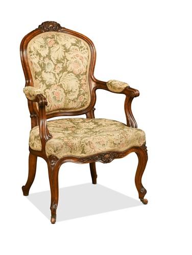 Lot 506 - A French Louis XV style walnut frame fauteuil armchair, 19th century