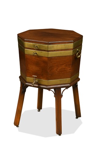 Lot 619 - A George III mahogany and brass-bound octagonal cellaret on stand