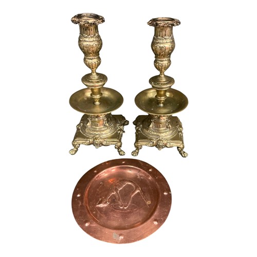 Lot 104 - A pair of brass Renaissance-style candlesticks,...