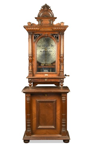 Lot 670 - A Victorian walnut floor-standing Polyphon upright disc musical box