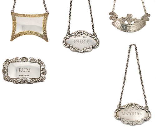 Lot 282 - Five silver decanter labels
