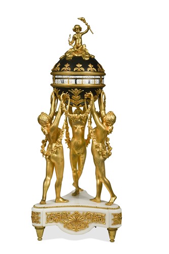 Lot 509 - A French ormolu and white marble 'Three Graces' annular mantel clock, 19th century