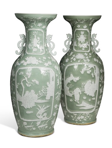 Lot 41 - A pair of late 19th century Chinese celadon glazed porcelain large baluster vases
