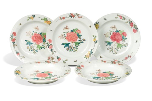 Lot 13 - A set of five Chinese famille rose porcelain peony dishes, Qing Dynasty, Yongzheng Emperor (1722-1735)
