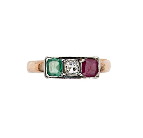 Lot 88 - A diamond, ruby and green paste ring
