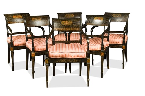 Lot 585 - A set of eight Regency black and gilt japanned open armchairs