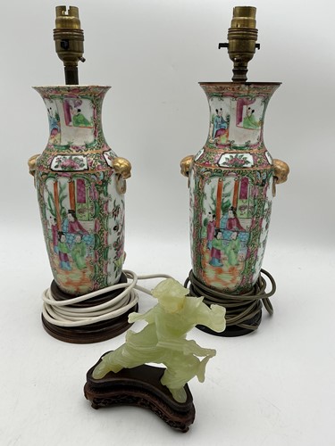 Lot 83 - A pair of Canton famille rose vases converted...