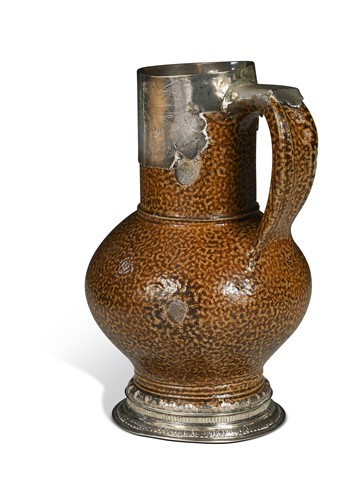 Lot 340 - An important Elizabeth I silver-mounted salt-glazed tigerware jug, 1575, Norwich