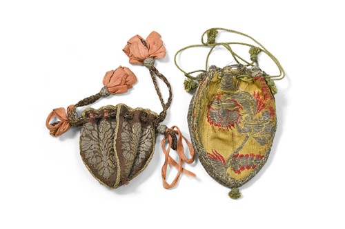 Lot 336 - A small silk and silver thread brocaded sweet bag or reticule, 17th or 18th century