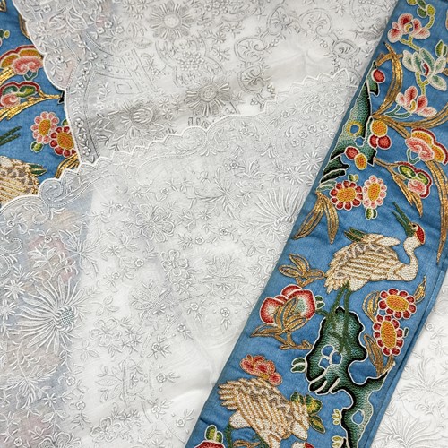 Lot 56 - A pair of Chinese light blue silk and forbidden stitch embellished sleeve or garment panels, Qing Dynasty, circa 1880-90