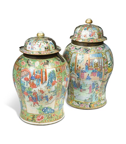 Lot 40 - Two similar Cantonese porcelain large vases and covers, Qing Dynasty, mid 19th century