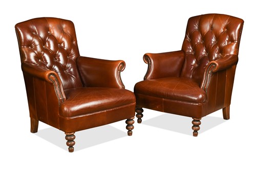 Lot 690 - A pair of leather button back armchairs, modern