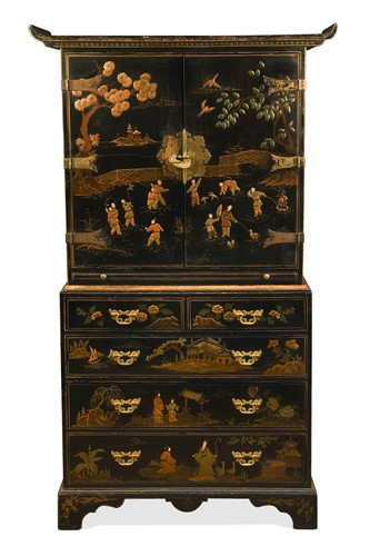 Lot 636 - A chinoiserie black lacquered and gilt cabinet on chest, early 20th century