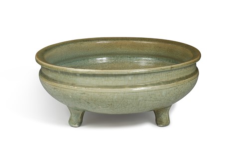 Lot 5 - A Chinese Longquan celadon tripod censer, Ming Dynasty, 15th or 16th century