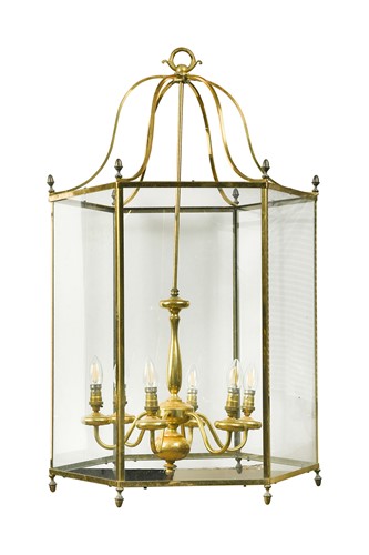 Lot 599 - A large Regency style hexagonal brass hall lantern, 20th century