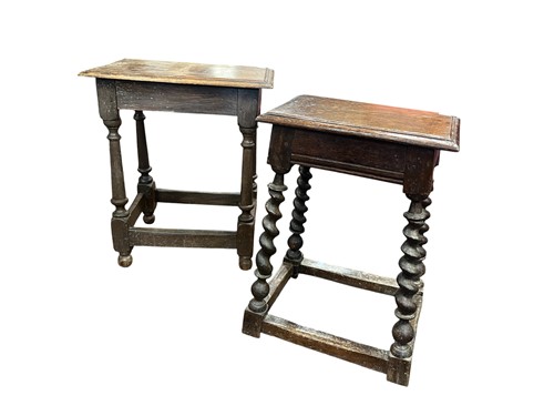 Lot 597 - Two oak joint stools in 17th century style,...