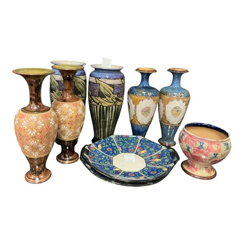 Lot 88 - Three pairs of Doulton Lambeth stoneware vases,...
