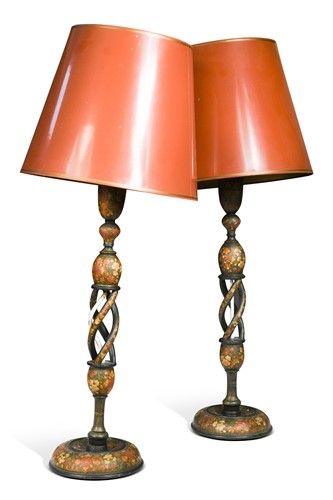 Lot 475 - A pair of Kashmiri candlesticks, late 19th century
