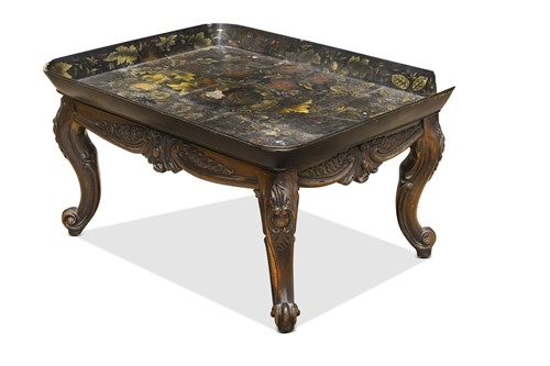 Lot 635 - A rectangular papier-mâché tray on stand, 19th century