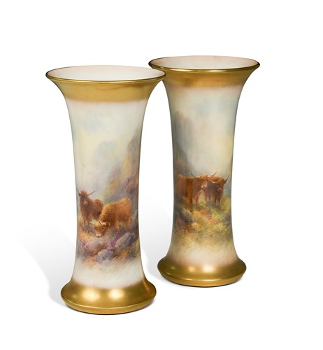 Lot 487 - A pair of Royal Worcester trumpet shaped vases