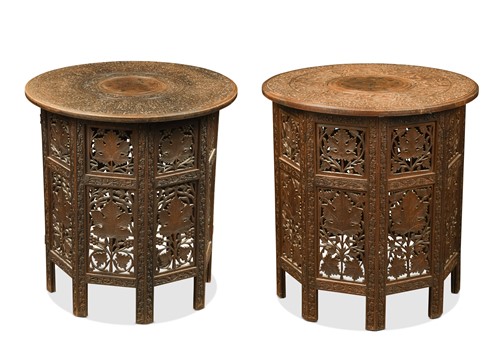 Lot 645 - A matched pair of Anglo Indian Hoshiarpur carved wood occasional tables, early 20th century