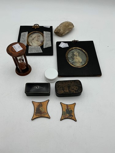 Lot 148 - Two papier mache snuff boxes, a wooden hour...