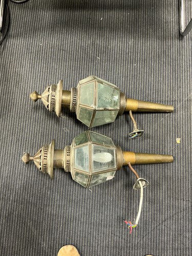 Lot 258 - Pair of brass coaching lamps with star burst...