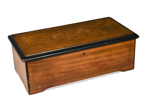 Lot 669 - A Swiss rosewood and inlaid case musical box, 19th century