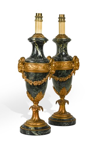 Lot 492 - A pair of French marble and gilt-metal mounted table lamps, 19th century