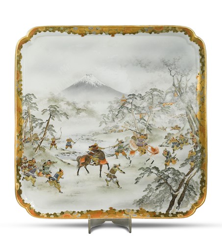 Lot 61 - A large Japanese Kutani porcelain canted squared tray, Meiji period