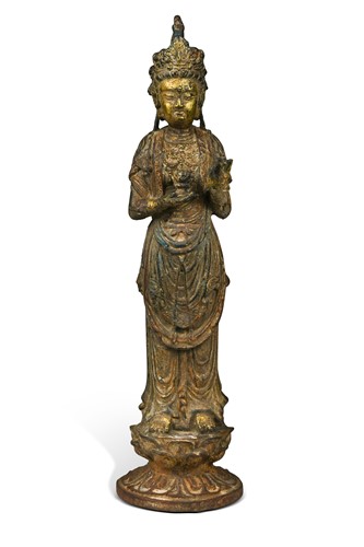 Lot 57 - A Korean or Chinese standing gilt iron Guanyin
