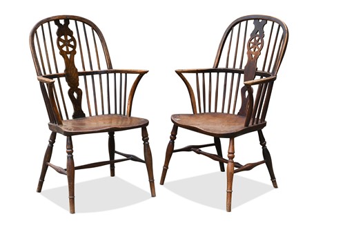 Lot 313 - A pair of ash and elm wheel back armchairs, 19th century